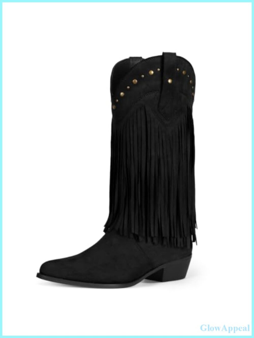 Faux Suede Fringe Cowboy Boots Mid Calf Chunky Heel Western